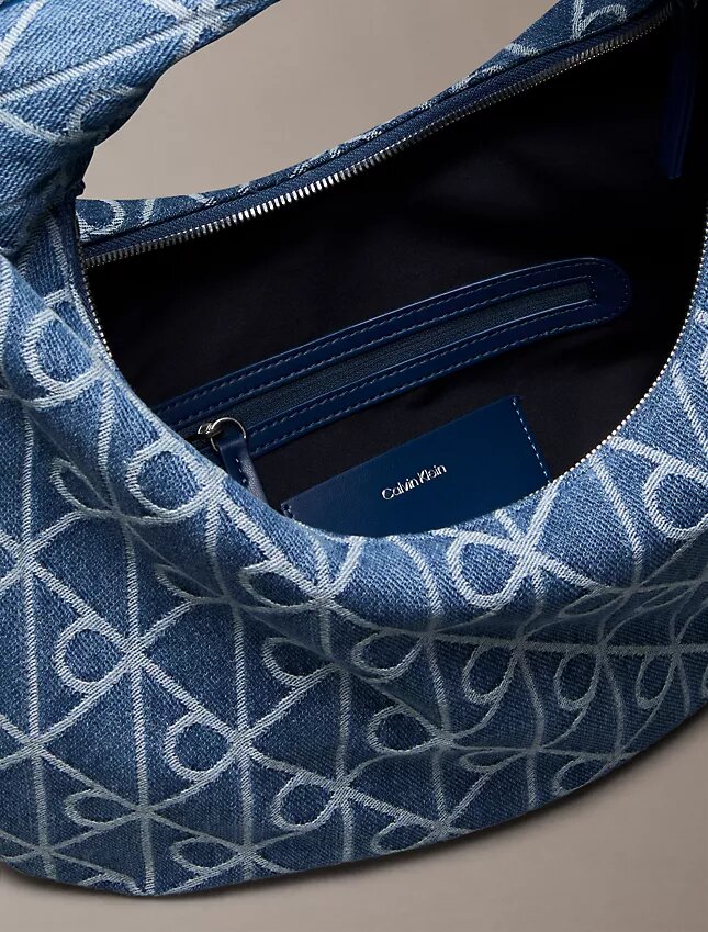 Allover Emblem Logo Denim Hobo Bag Allover Emblem Logo Denim Hobo Bag