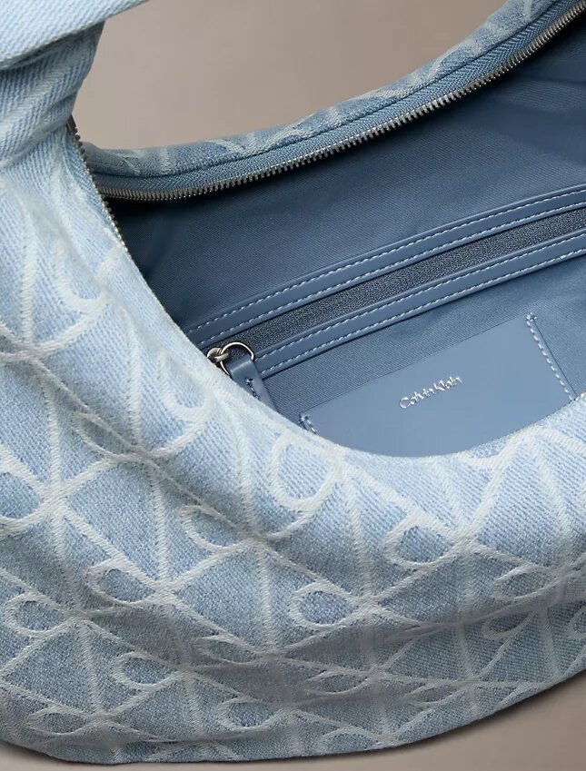 Allover Emblem Logo Denim Hobo Bag Allover Emblem Logo Denim Hobo Bag