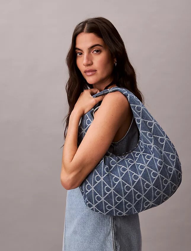 Allover Emblem Logo Denim Hobo Bag Allover Emblem Logo Denim Hobo Bag