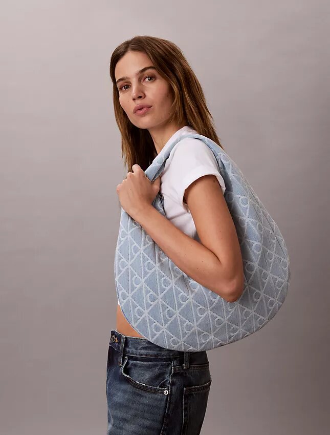 Allover Emblem Logo Denim Hobo Bag Allover Emblem Logo Denim Hobo Bag