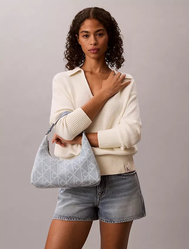 Allover Emblem Logo Denim Shoulder Bag Allover Emblem Logo Denim Shoulder Bag