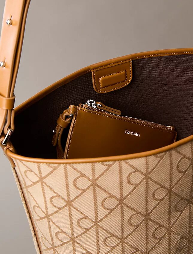 Allover Emblem Logo Jacquard Bucket Bag with Pouch Allover Emblem Logo Jacquard Bucket Bag with Pouch