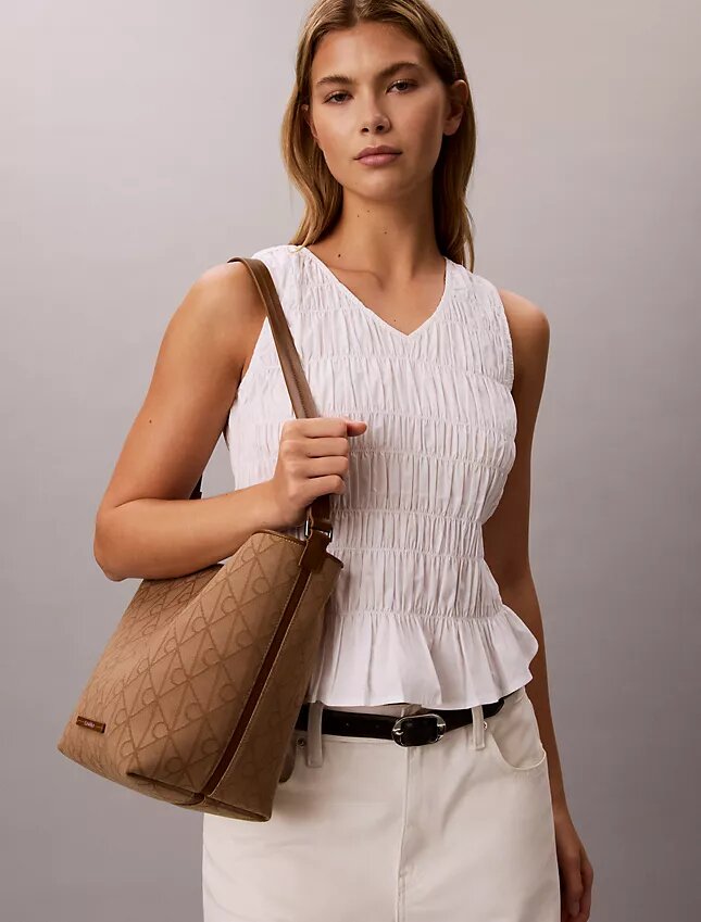 Allover Emblem Logo Jacquard Bucket Bag with Pouch Allover Emblem Logo Jacquard Bucket Bag with Pouch