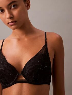 Ck Black Floral Lace Push up Plunge Bra