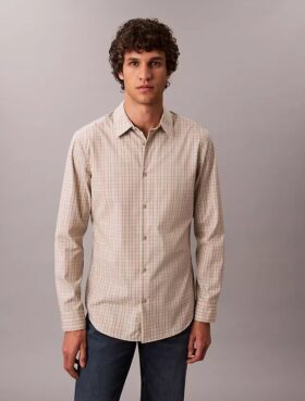 Cotton Stretch Plaid Slim Button-Down Shirt