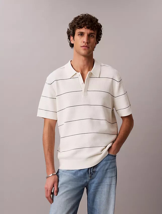 Cotton Stripe Sweater Polo Shirt Cotton Stripe Sweater Polo Shirt