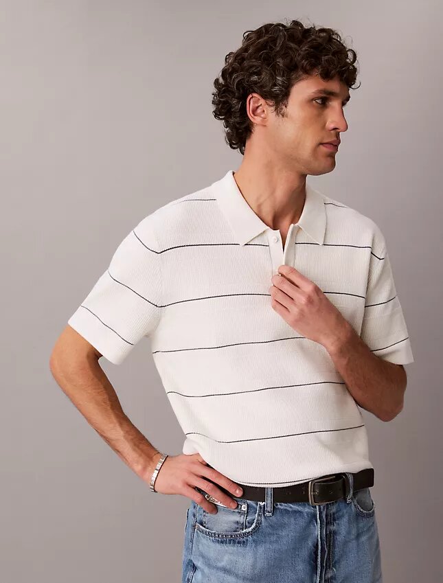 Cotton Stripe Sweater Polo Shirt Cotton Stripe Sweater Polo Shirt
