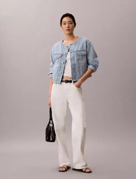 Cropped Collarless Denim Trucker Jacket