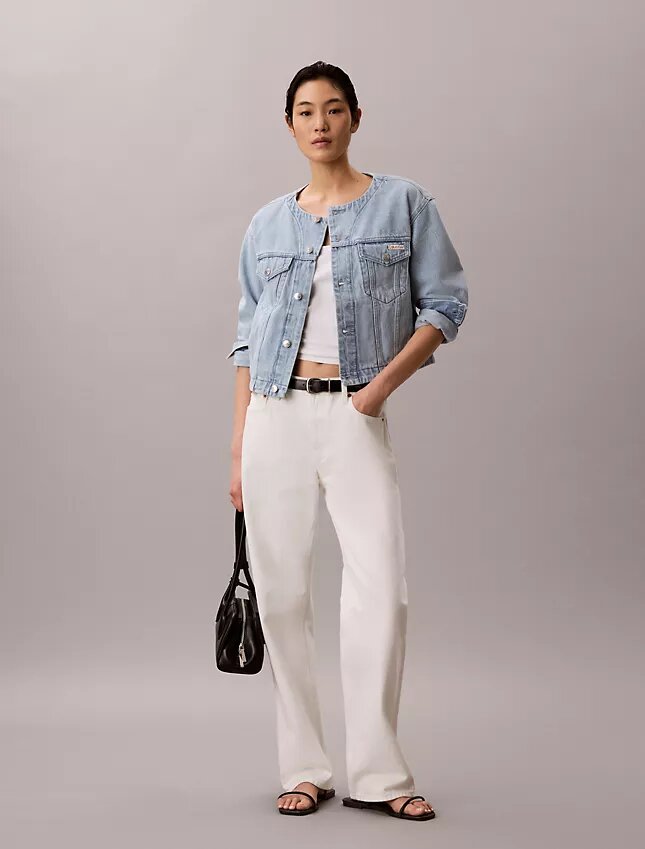 Cropped Collarless Denim Trucker Jacket Cropped Collarless Denim Trucker Jacket