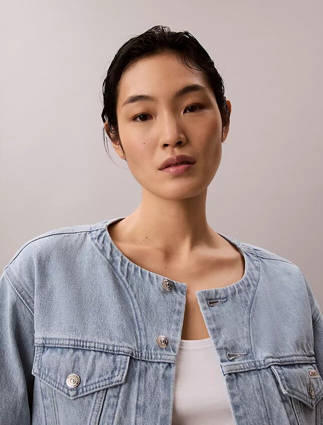 Cropped Collarless Denim Trucker Jacket Cropped Collarless Denim Trucker Jacket