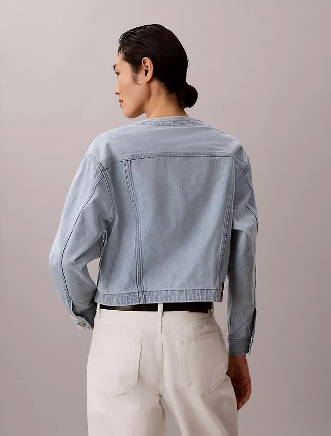 Cropped Collarless Denim Trucker Jacket Cropped Collarless Denim Trucker Jacket