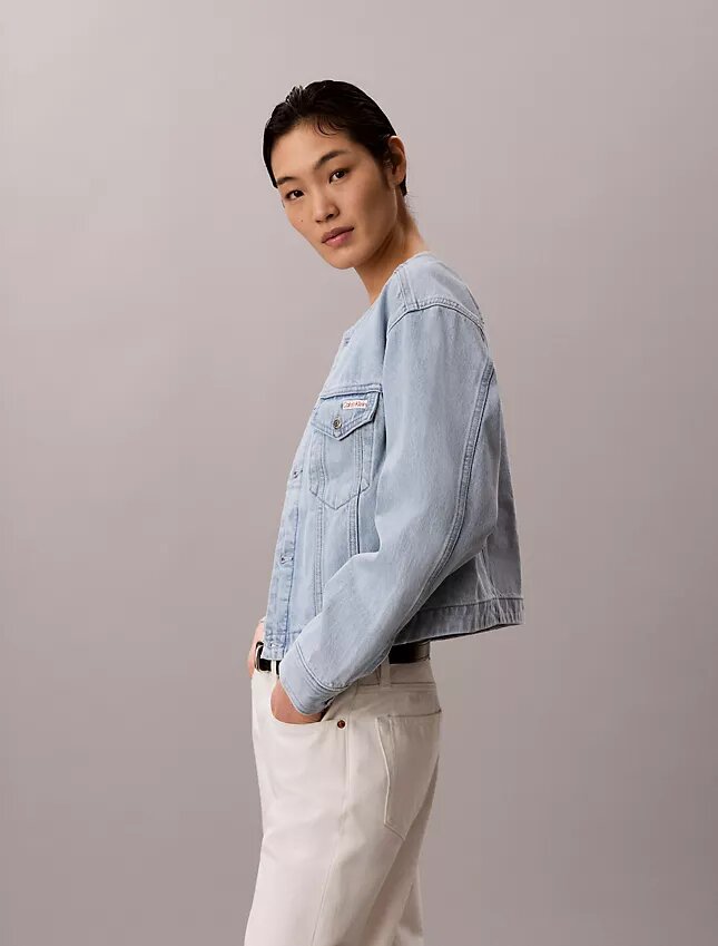 Cropped Collarless Denim Trucker Jacket Cropped Collarless Denim Trucker Jacket