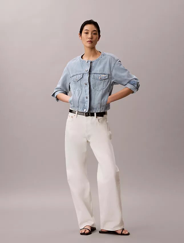 Cropped Collarless Denim Trucker Jacket Cropped Collarless Denim Trucker Jacket
