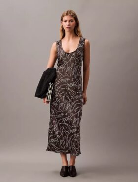 Crushed Satin Print Midi Dress