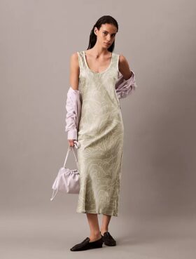 Crushed Satin Print Midi Dress