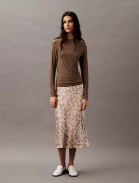 Crushed Satin Print Midi Skirt