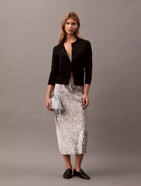 Crushed Satin Printed Midi Skirt