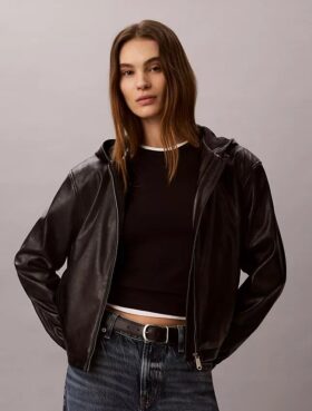 Faux Leather Hooded Jacket