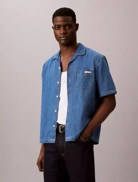 Linen Blend Denim Button-Down Shirt