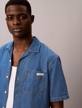 Linen Blend Denim Button-Down Shirt