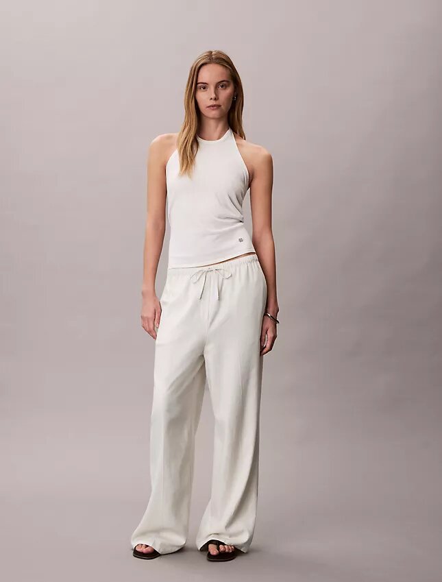 Linen Blend Drawstring Wide Leg Pants Linen Blend Drawstring Wide Leg Pants