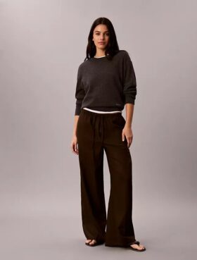 Linen Blend Drawstring Wide Leg Pants