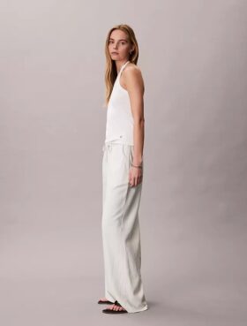 Linen Blend Drawstring Wide Leg Pants