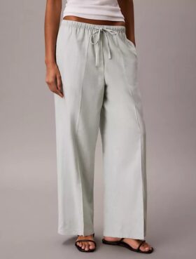 Linen Blend Drawstring Wide Leg Pants