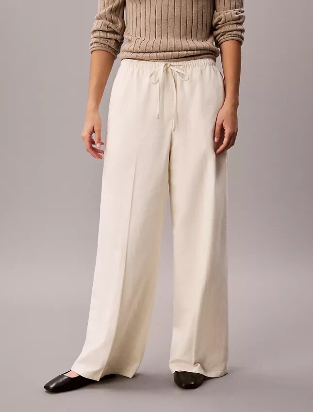 Linen Blend Drawstring Wide Leg Pants Linen Blend Drawstring Wide Leg Pants