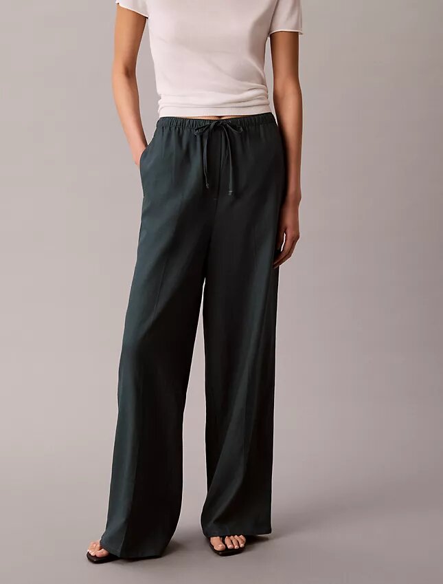 Linen Blend Drawstring Wide Leg Pants Linen Blend Drawstring Wide Leg Pants