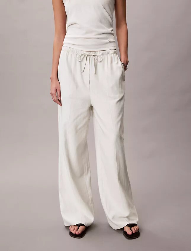 Linen Blend Drawstring Wide Leg Pants Linen Blend Drawstring Wide Leg Pants