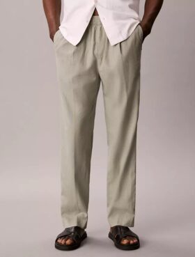Linen Blend Pleated Pull-On Pants