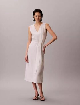 Linen Blend V-Neck Sleeveless Belted Dress