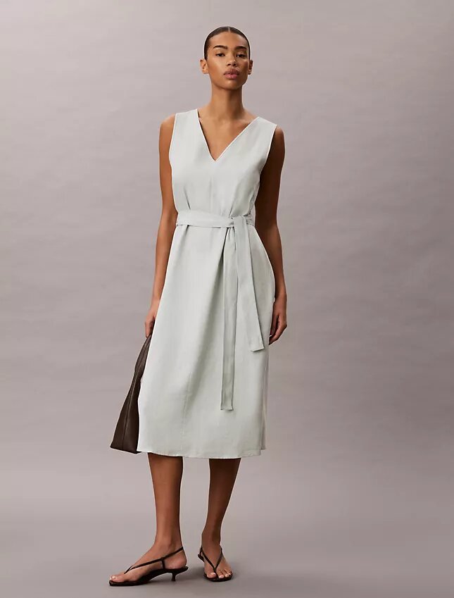 Linen Blend V-Neck Sleeveless Belted Dress Linen Blend V-Neck Sleeveless Belted Dress