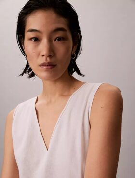 Linen Blend V-Neck Sleeveless Belted Dress