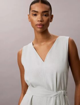 Linen Blend V-Neck Sleeveless Belted Dress