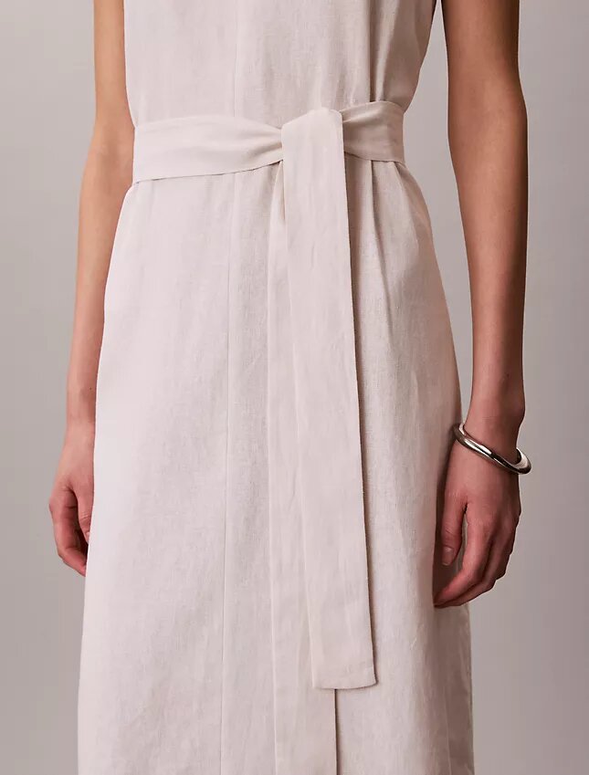 Linen Blend V-Neck Sleeveless Belted Dress Linen Blend V-Neck Sleeveless Belted Dress