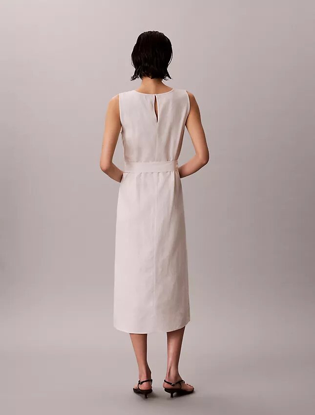 Linen Blend V-Neck Sleeveless Belted Dress Linen Blend V-Neck Sleeveless Belted Dress