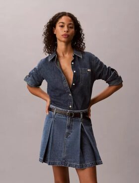 Pleated Denim Mini Skirt