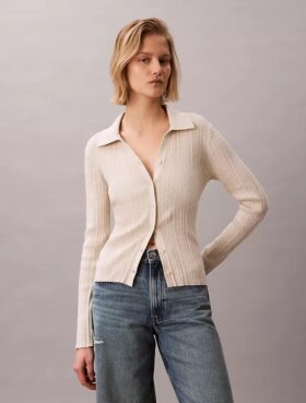 Smooth Cotton Rib Polo Cardigan