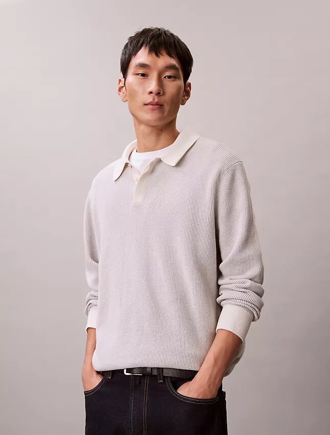 Smooth Cotton Waffle Polo Sweater Smooth Cotton Waffle Polo Sweater