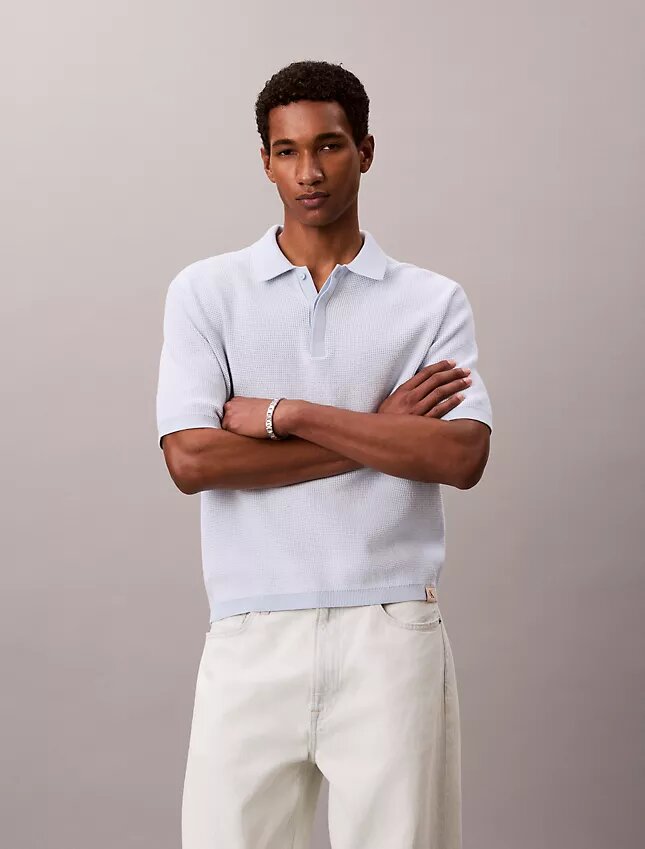 Smooth Cotton Waffle Sweater Polo Shirt Smooth Cotton Waffle Sweater Polo Shirt