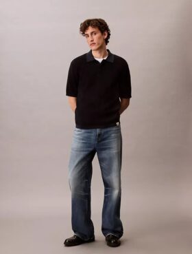 Smooth Cotton Waffle Sweater Polo Shirt