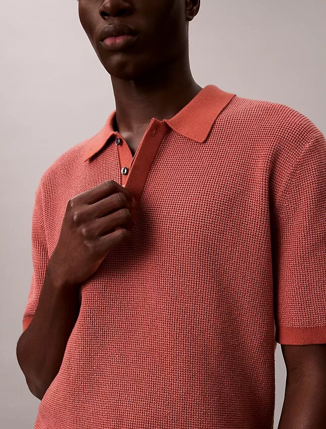 Smooth Cotton Waffle Sweater Polo Shirt Smooth Cotton Waffle Sweater Polo Shirt