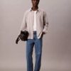 Viscose Nylon Blend Stripe Relaxed Button-Down Shirt
