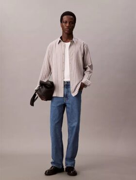 Viscose Nylon Blend Stripe Relaxed Button-Down Shirt