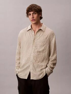 Yarn-Dyed Stripe Crinkle Relaxed Button-Down Shirt