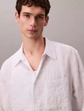 Yarn-Dyed Stripe Crinkle Relaxed Button-Down Shirt