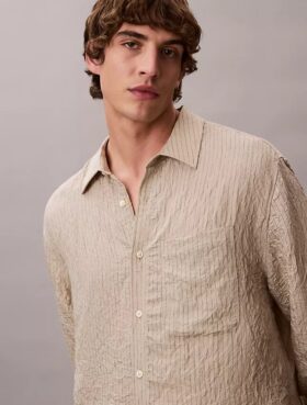 Yarn-Dyed Stripe Crinkle Relaxed Button-Down Shirt